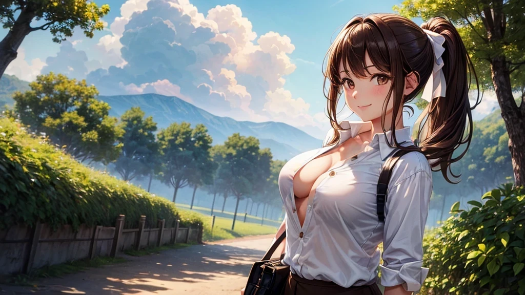 1girl, full body, solo, summer, village, trees, sun, clouds, ((brown hair)), ponytail, large breasts, ((black blazer)), button down shirt, ((white shirt)), ((unbuttoned shirt)), unbuttoning buttons, brown eyes, skirt, smile, looking at the viewer, standing, hair ribbon, golden necklate, shoulder bag 