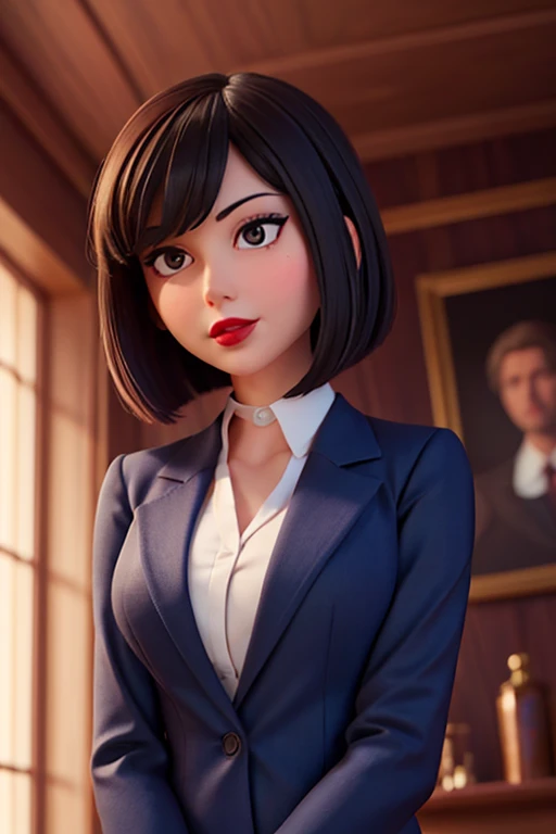 create a hyper realistic vertical photo of most attractive happy woman in her 30s, white skin, in blue rich business suit extra big chest, 36D, Lob (long bob) brown hair, trending on artstation, portrait, digital art, modern, sleek, highly detailed, formal, determined, CEO, colorized, smooth, charming, pretty, soft smile, dark red lipstick, soft lips, black eyes
