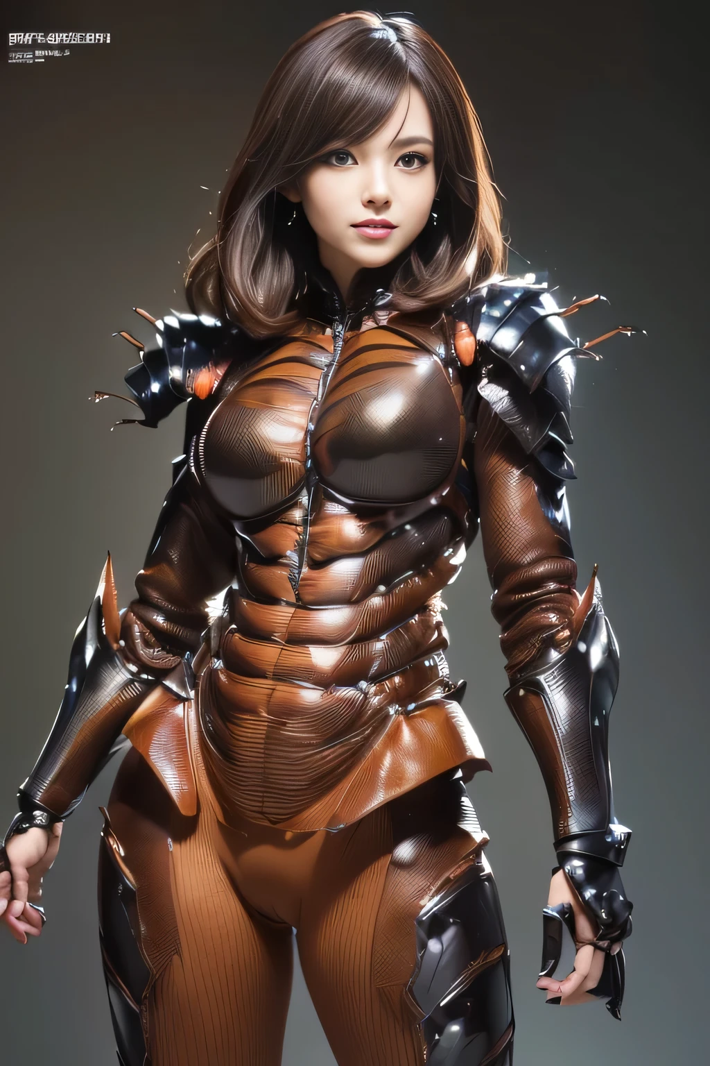 (high resolution,masterpiece,best quality,extremely detailed CG, anime, official art:1.4), realistic, photo, amazing fine details, all intricate, gloss and shiny,awesome many layers, 8k wall paper, 3d, sketch, kawaii, illustration,( solo:1.4), perfect female proportion,villainess, (fusion of dark brown cockroach and lady:1.4), (brown cockroach form lady:1.2), (brown cockroach lady:1.2), (fusion:1.2), (solo:1.4), (evil smile:1.2), muscular, abs, (cockroach brown exoskeleton bio insect suit:1.4), (cockroach brown exoskeleton bio insect armor:1.2), (brown transparency cockroach wing:1.4), (brown cockroach antennae:1.3),