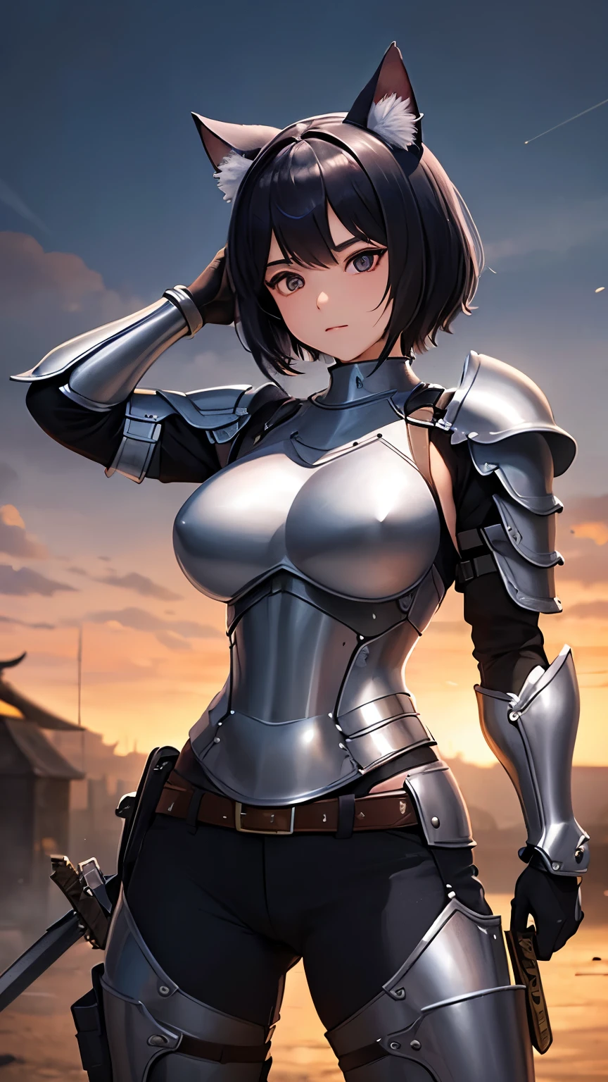 ((Highest quality))、((8K))、((Tolerate者))、woman、Big eyes、Double、Soft、大人のwoman、whole body、、（armor）、((whole bodyarmor))、Cat ear、Black Hair、Short Hair、((sword))、Uplifting、((battlefield))、Big Breasts、Abdominal muscleuscle、pants、danger、((Medieval Europe))、Fantasy、In combat、muscle、((Tolerate))、mask、