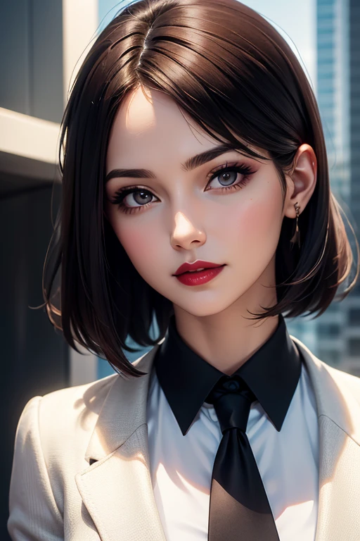create a hyper realistic vertical photo of most attractive happy woman in her 30s, white skin, in blue rich business suit extra big chest, 36D, Lob (long bob) brown hair, trending on artstation, portrait, digital art, modern, sleek, highly detailed, formal, determined, CEO, colorized, smooth, charming, pretty, soft smile, dark red lipstick, soft lips, black eyes