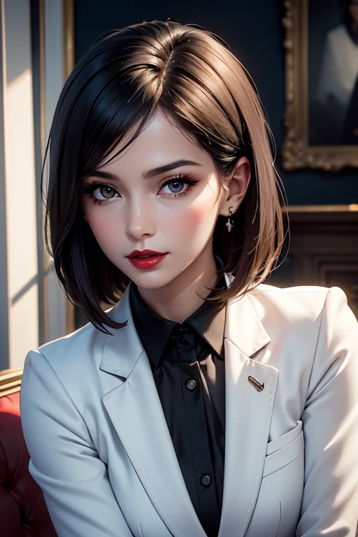 create a hyper realistic vertical photo of most attractive happy woman in her 30s, white skin, in blue rich business suit extra big chest, 36D, Lob (long bob) brown hair, trending on artstation, portrait, digital art, modern, sleek, highly detailed, formal, determined, CEO, colorized, smooth, charming, pretty, soft smile, dark red lipstick, soft lips, black eyes