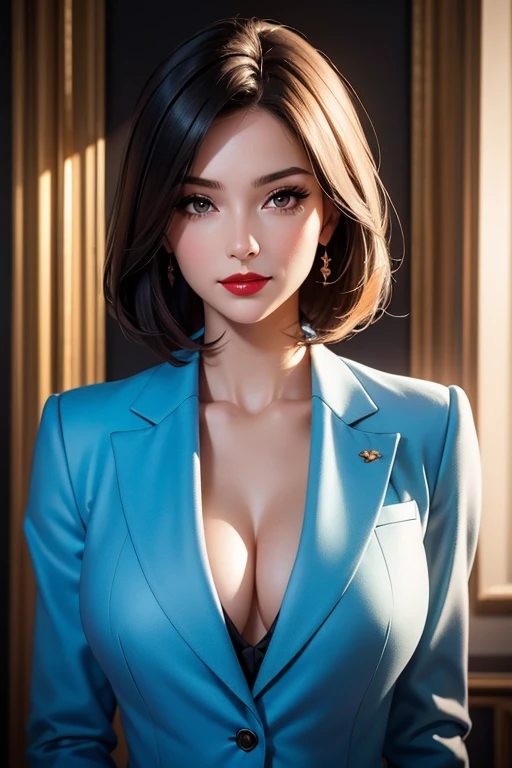 create a hyper realistic vertical photo of most attractive happy woman in her 30s, white skin, in blue rich business suit extra big chest, 36D, Lob (long bob) brown hair, trending on artstation, portrait, digital art, modern, sleek, highly detailed, formal, determined, CEO, colorized, smooth, charming, pretty, soft smile, dark red lipstick, soft lips, black eyes