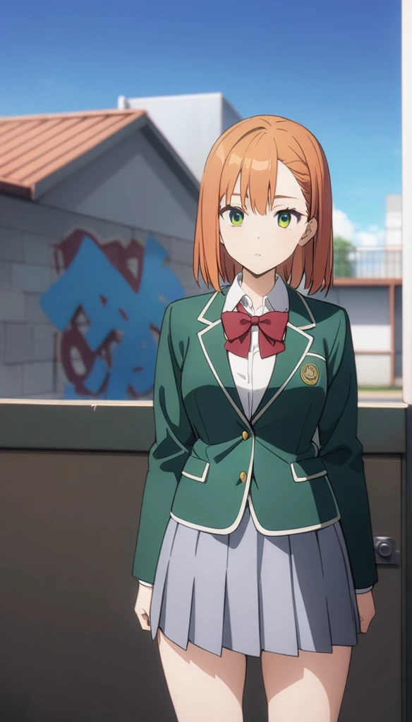 (masterpiece, best quality, very aesthetic, ultra detailed),  bluegray skirt, white long sleeve blouse, red bow, orange hair, green blazer, green eyes, high quality, anime, school graffiti in the background.