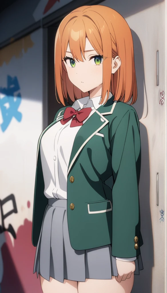 (masterpiece, best quality, very aesthetic, ultra detailed),  bluegray skirt, white long sleeve blouse, red bow, orange hair, green blazer, green eyes, high quality, anime, school graffiti in the background.