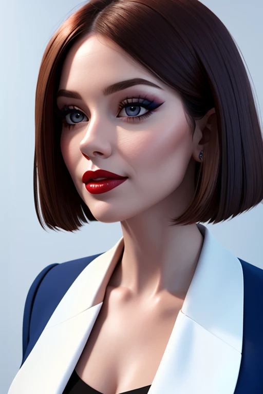 create a hyper realistic vertical photo of most attractive happy woman in her 30s, white skin, in blue rich business suit extra big chest, 36D, Lob (long bob) brown hair, trending on artstation, portrait, digital art, modern, sleek, highly detailed, formal, determined, CEO, colorized, smooth, charming, pretty, soft smile, dark red lipstick, soft lips, black eyes