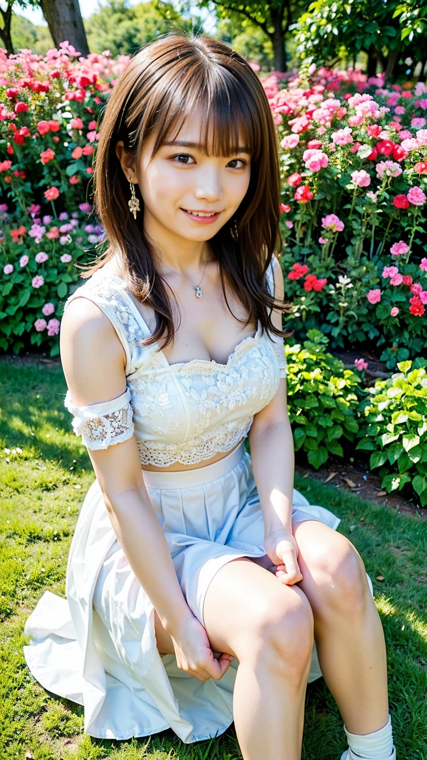 (8k、RAW Photos、highest quality、masterpiece:1.2)、(Realistic、Realistic)、1 girl、((smile、garden、Sit on the grasini skirt、bandage、Large Breasts))、Lots of eyelashes、Glowing eyelids、skeletally correct