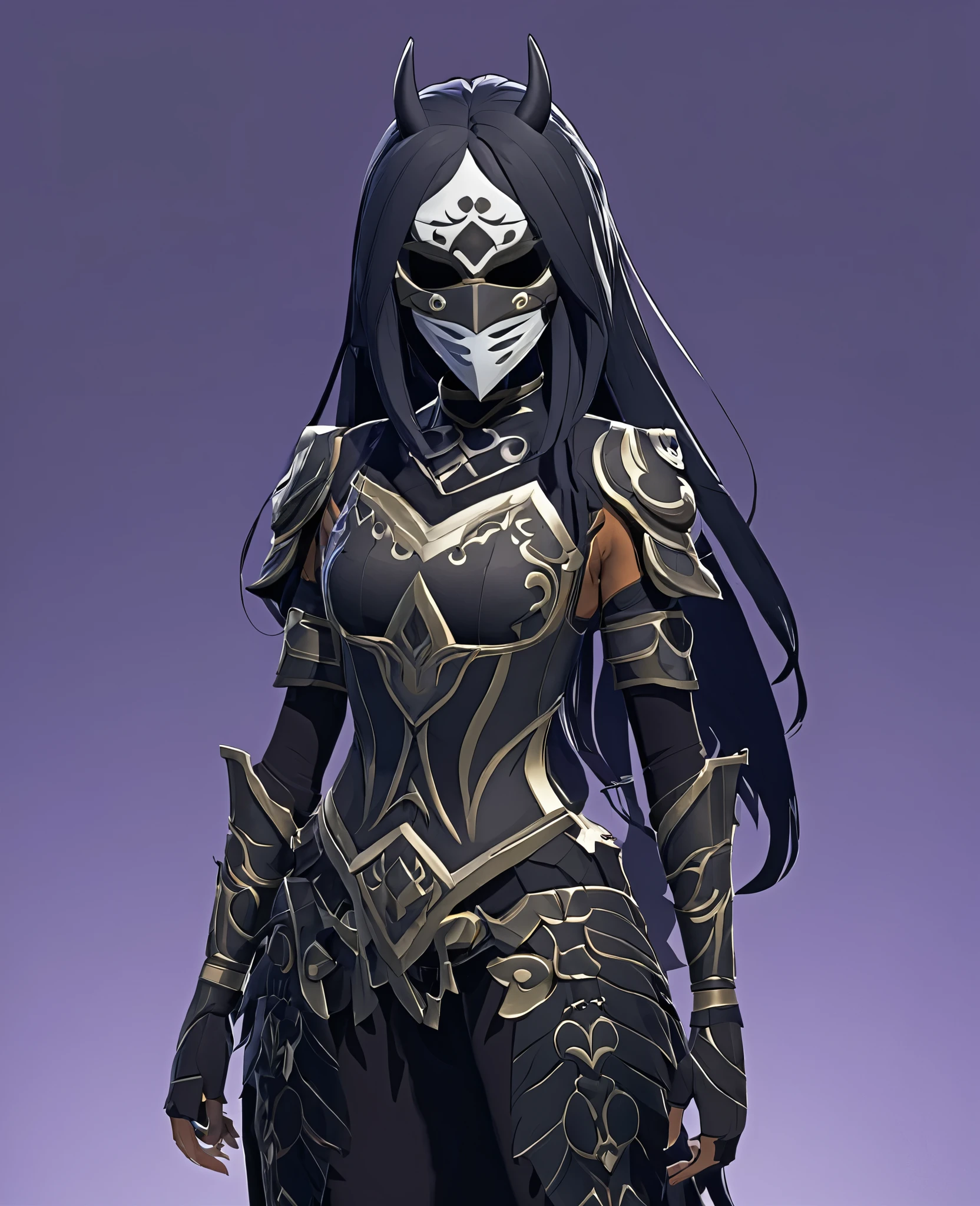 A genshin impact female character, related to Shadows and woodoo. She wears a puppet's mask which hide her full face, she have messy long black hair