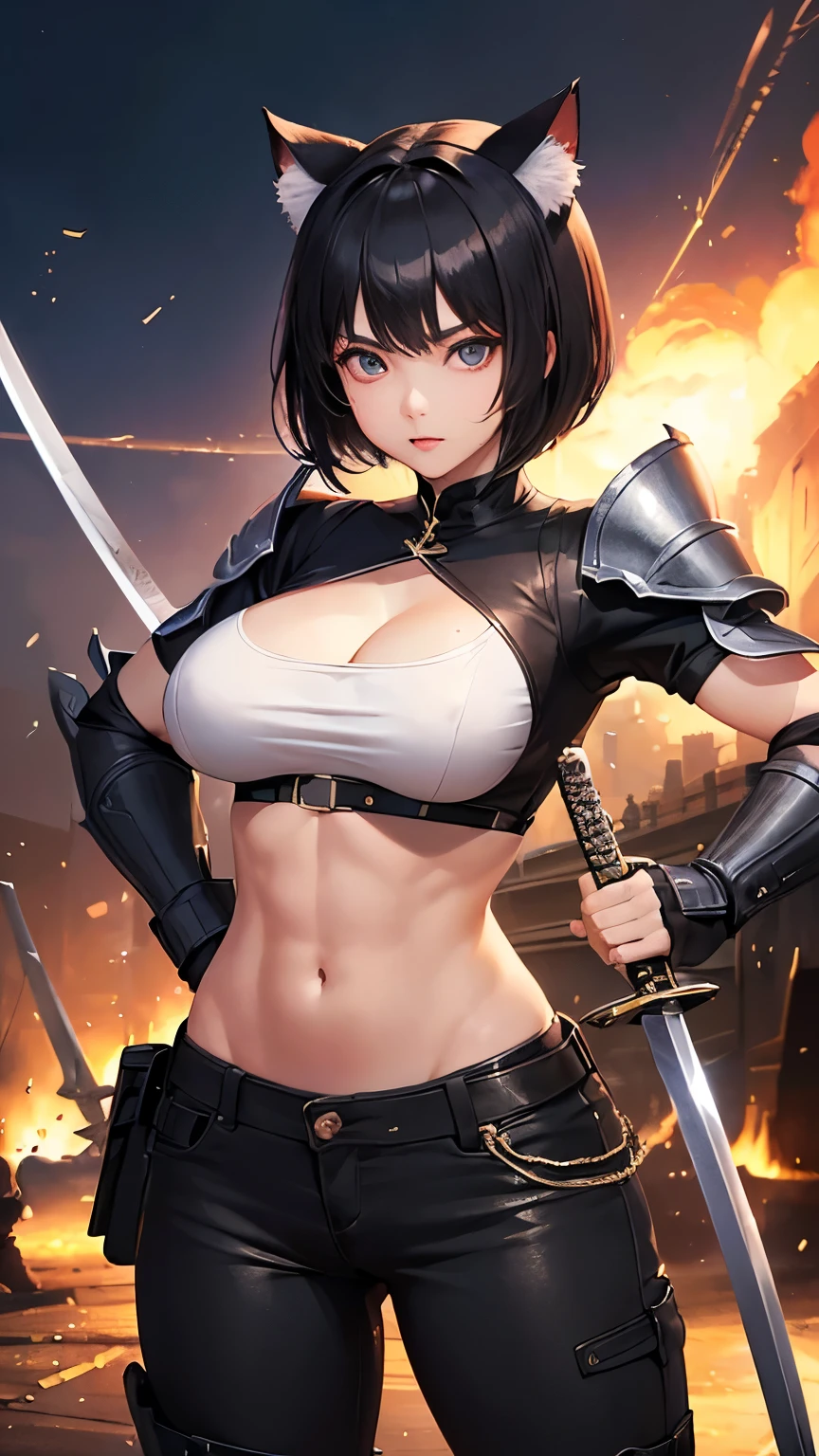 ((Highest quality))、((8K))、((Tolerate者))、woman、Big eyes、Double、Soft、大人のwoman、whole body、((whole body鎧))、Cat ear、Black Hair、Short Hair、((sword))、Uplifting、((battlefield))、Big Breasts、Abdominal muscleuscle、pants、Fantasy、In combat、muscle、((Tolerate))、mask、