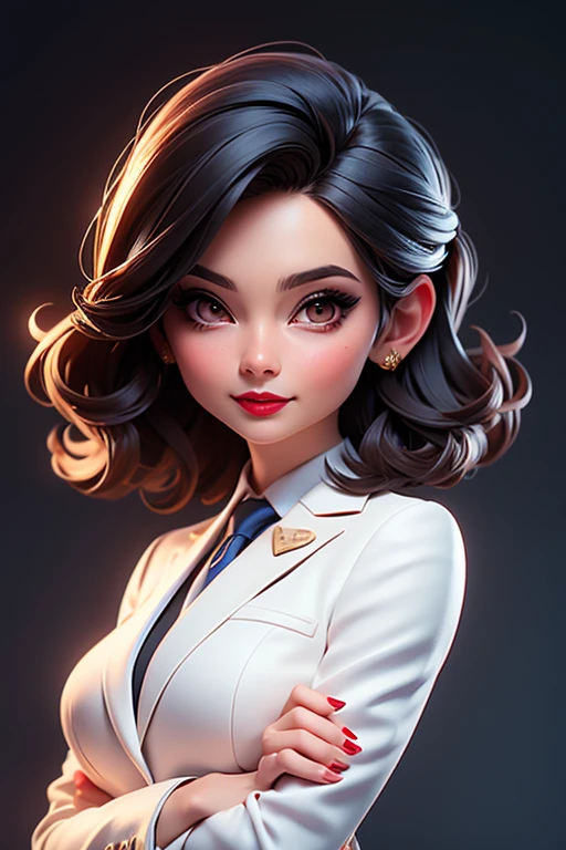 create a hyper realistic vertical photo of most attractive happy woman in her 30s, white skin, in blue rich business suit extra big chest, 36D, Lob (long bob) brown hair, trending on artstation, portrait, digital art, modern, sleek, highly detailed, formal, determined, CEO, colorized, smooth, charming, pretty, soft smile, dark red lipstick, soft lips, black eyes