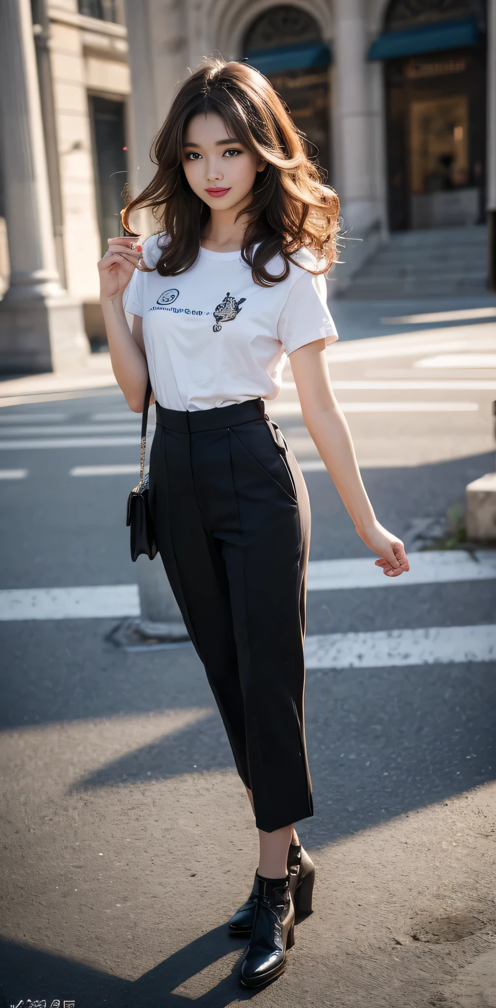 RAW photo, bokeh, (Lifelike face), smiled slightly, best quality, HDR, (photorealistic:1.6), brown and curly and messy hair, very detailed face, beautiful eyes, [chubby], adorable, full body portrait, Close-up, sharp outline, romantic, cold beauty, stylish, fashion, stylish costume, uniform, culottes, t-shirt, delicate face, brown hair fluttering in the wind, 24-year-old girl, slim figure, small bust, charisma, glamorous, standing tall.