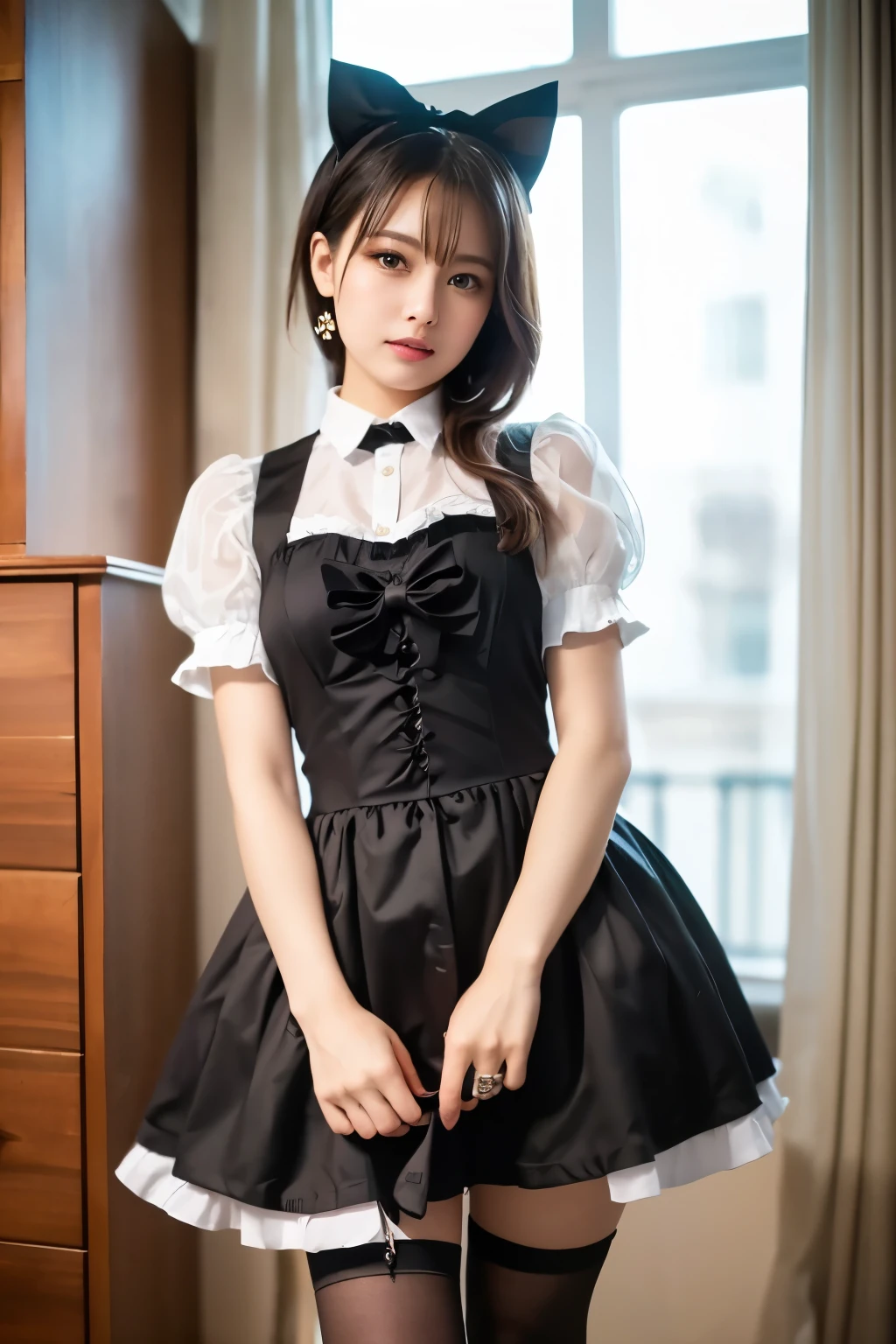 the detail, quadratic element,Anime, Face anime,Professional light, Realistic background, visual depth, Background bokeh, Wide angle lens, full bodyesbian, One guy(, Cute, Loli, Flat c, Cat ears), 1girll,Emerald blue pupils,long white hair, (lolita fashion: , (Lace, frilly shirt,Black and white petticoat,the maid outfit,long white socks, Leather footwear), In the room,study room,Desk style