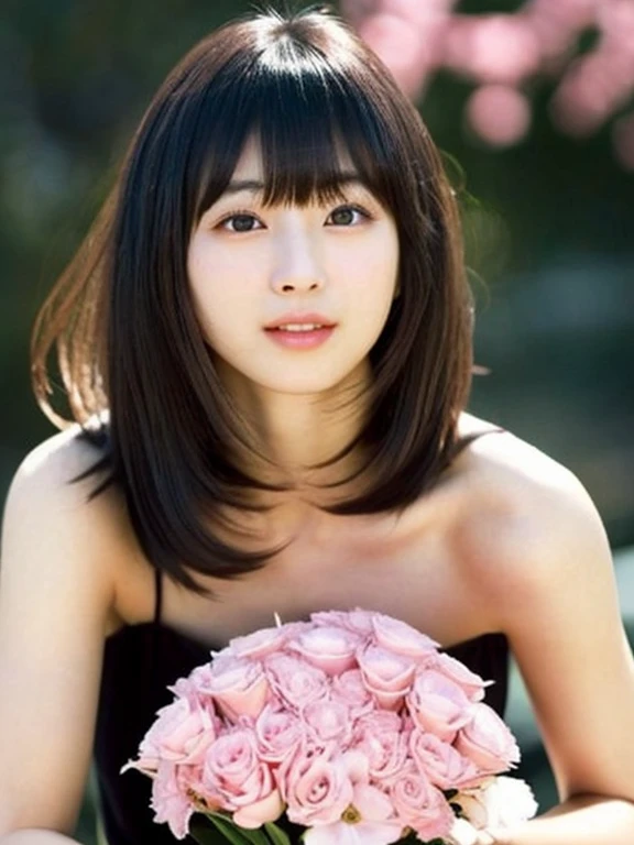 masterpiece、highest quality、cinema、(Cute Japanese Woman、bangs:1.3)、23 years old、1 girl、elegant、Black Hair、warm、bouquet、Pale pink