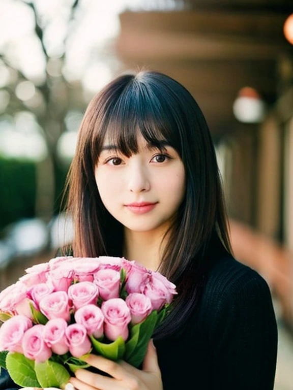 masterpiece、highest quality、cinema、(Cute Japanese Woman、bangs:1.3)、23 years old、1 girl、elegant、Black Hair、warm、bouquet、Pale pink