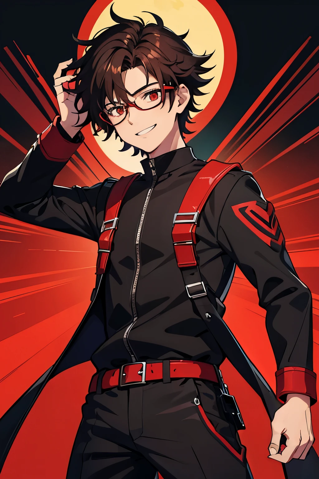 Teenage Male, Short Frizzy Dark Brown Hair for men, Red Eye, Black Glasses, Black & Red Jumpsuit with Spike Shoulders, High School Theme, Happy Emotion mood, Smile, Portait, Anime, HDR, HD, Background, 2K, Masterpiece.