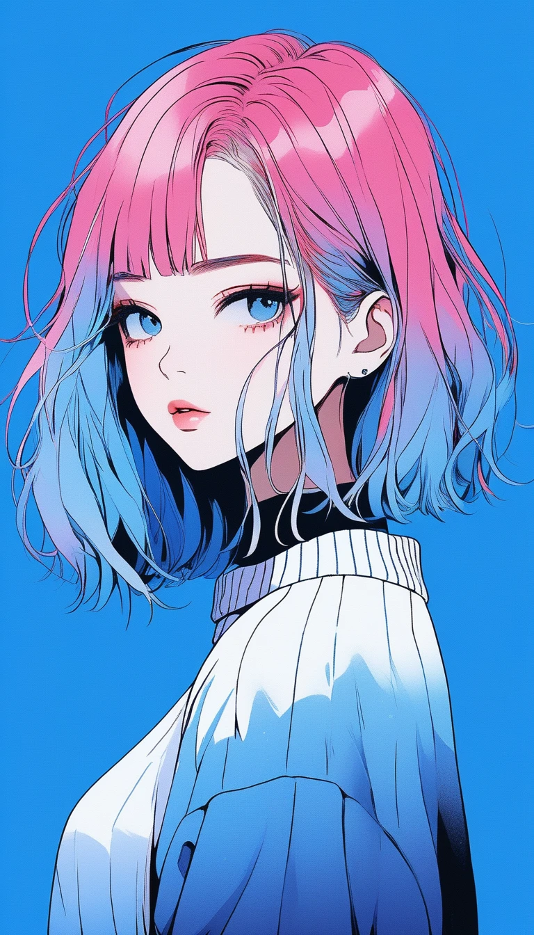 Illustrator, anime , Realistic ,sketch , 1 girl, ,lip, sweater,order, Blue gradient background, Neon Hair,Textured Trim, Canadian, (masterpiece,highest quality) Bob Hair,Bob,short