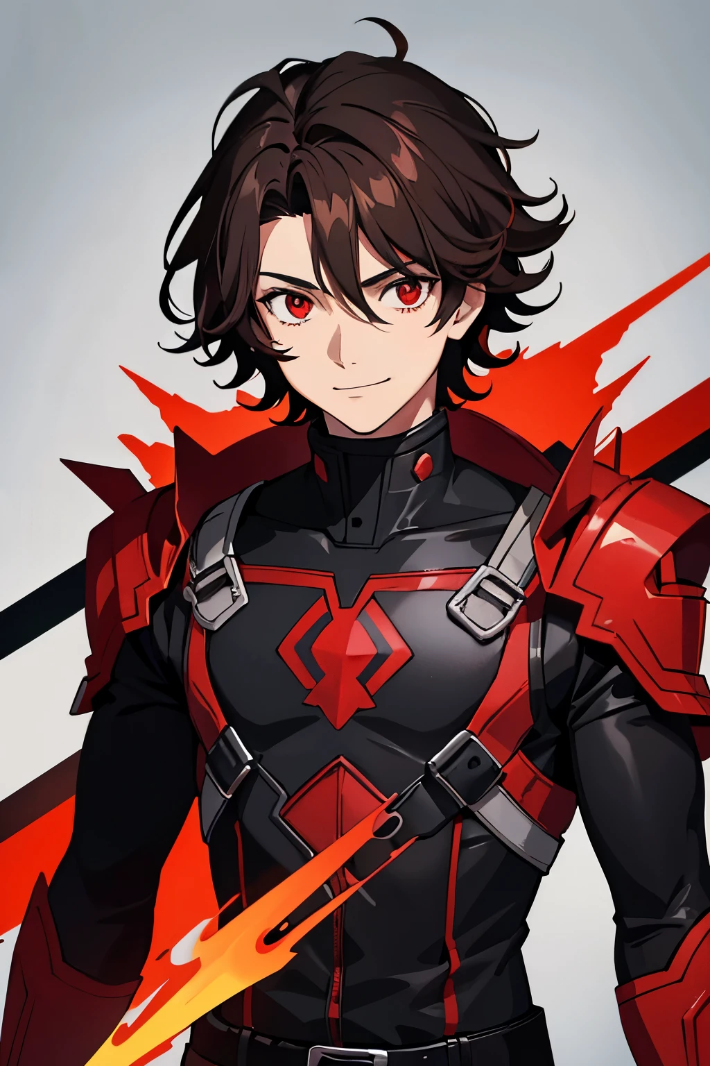 age Male, Short Frizzy Dark Brown Hair for men, Red Eye, Black & Red Phantom Mask, Black & Red Jumpsuit with Spike Shoulders, High School Theme, Happy Emotion mood, Smile, Portait, Anime, HDR, HD, Background, 2K, Masterpiece.