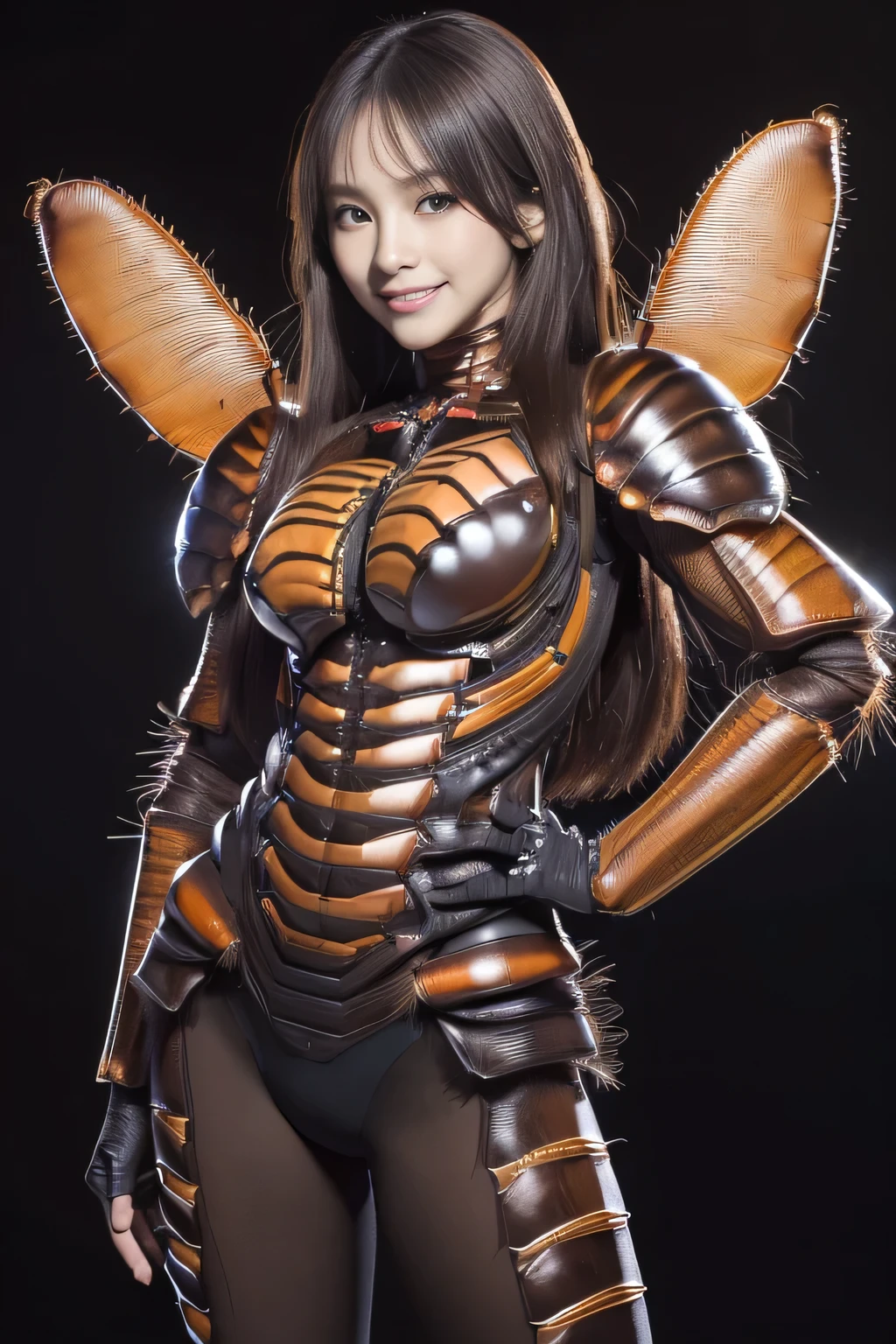 (high resolution,masterpiece,best quality,extremely detailed CG, anime, official art:1.4), realistic, photo, amazing fine details, all intricate, gloss and shiny,awesome many layers, 8k wall paper, 3d, sketch, kawaii, illustration,( solo:1.4), perfect female proportion,villainess, (fusion of dark brown cockroach and lady:1.4), (brown cockroach form lady:1.2), (brown cockroach lady:1.2), (fusion:1.2), (solo:1.4), (evil smile:1.2), muscular, abs, (cockroach brown exoskeleton bio insect suit:1.4), (cockroach brown exoskeleton bio insect armor:1.2), (brown transparency cockroach wing:1.4), (brown cockroach antennae:1.3),