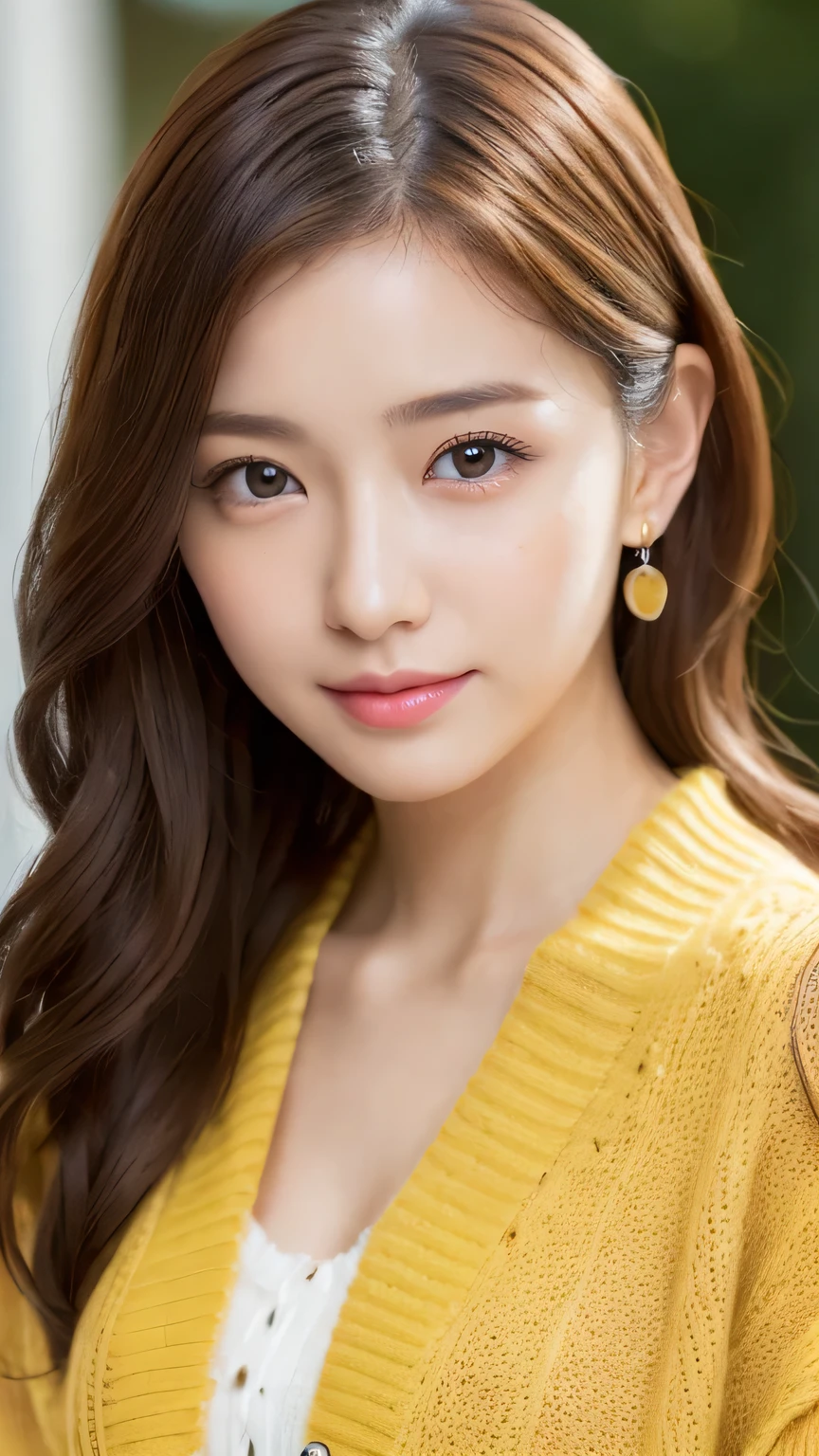 8k, highest quality, masterpiece, Realistic, Photorealistic, Ultra-detailed, Natural light, Highly detailed face and skin, Detailed eyes, Highly detailed face and skinの中間ショット, Beautiful woman staring at camera, Beautiful Face, Realistic Face, Detailed face, Beautiful hairstyle, Realistic eyes, Fine grain, Realistic Skin, Detailed skin, Beautiful Skin, Charm, Ultra-realistic, ((Sexy mustard yellow cardigan, kind, Brown Hair, Cute Japanese Girl, whole body,Dimples,))