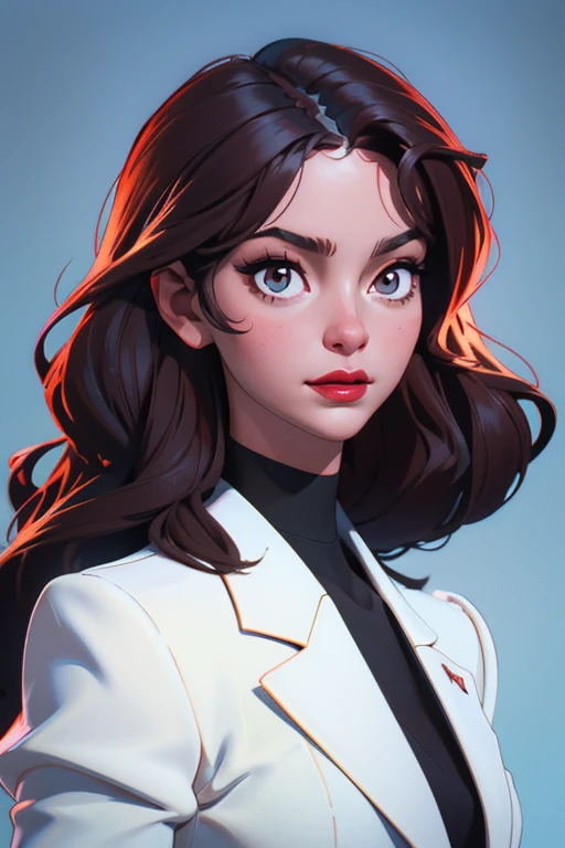 create a hyper realistic vertical photo of most attractive happy woman in her 30s, white skin, in blue rich business suit extra big chest, 36D, Lob (long bob) brown hair, trending on artstation, portrait, digital art, modern, sleek, highly detailed, formal, determined, CEO, colorized, smooth, charming, pretty, soft smile, dark red lipstick, soft lips, black eyes