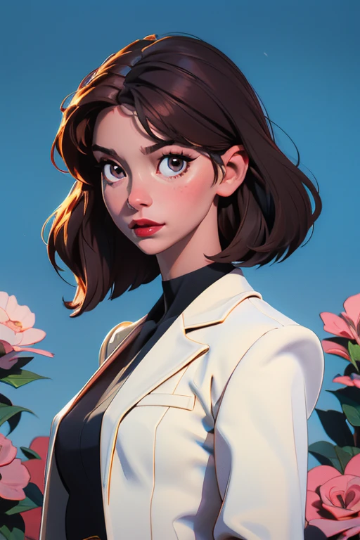 create a hyper realistic vertical photo of most attractive happy woman in her 30s, white skin, in blue rich business suit extra big chest, 36D, Lob (long bob) brown hair, trending on artstation, portrait, digital art, modern, sleek, highly detailed, formal, determined, CEO, colorized, smooth, charming, pretty, soft smile, dark red lipstick, soft lips, black eyes
