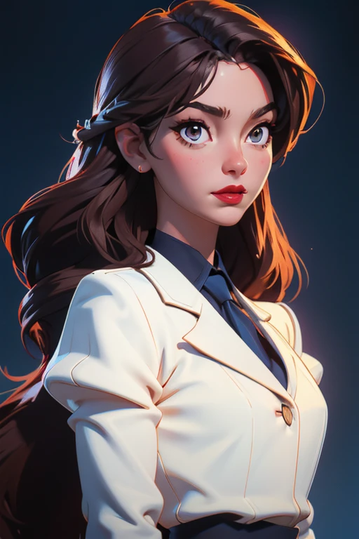 create a hyper realistic vertical photo of most attractive happy woman in her 30s, white skin, in blue rich business suit extra big chest, 36D, Lob (long bob) brown hair, trending on artstation, portrait, digital art, modern, sleek, highly detailed, formal, determined, CEO, colorized, smooth, charming, pretty, soft smile, dark red lipstick, soft lips, black eyes