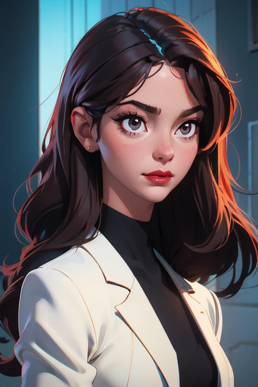 create a hyper realistic vertical photo of most attractive happy woman in her 30s, white skin, in blue rich business suit extra big chest, 36D, Lob (long bob) brown hair, trending on artstation, portrait, digital art, modern, sleek, highly detailed, formal, determined, CEO, colorized, smooth, charming, pretty, soft smile, dark red lipstick, soft lips, black eyes