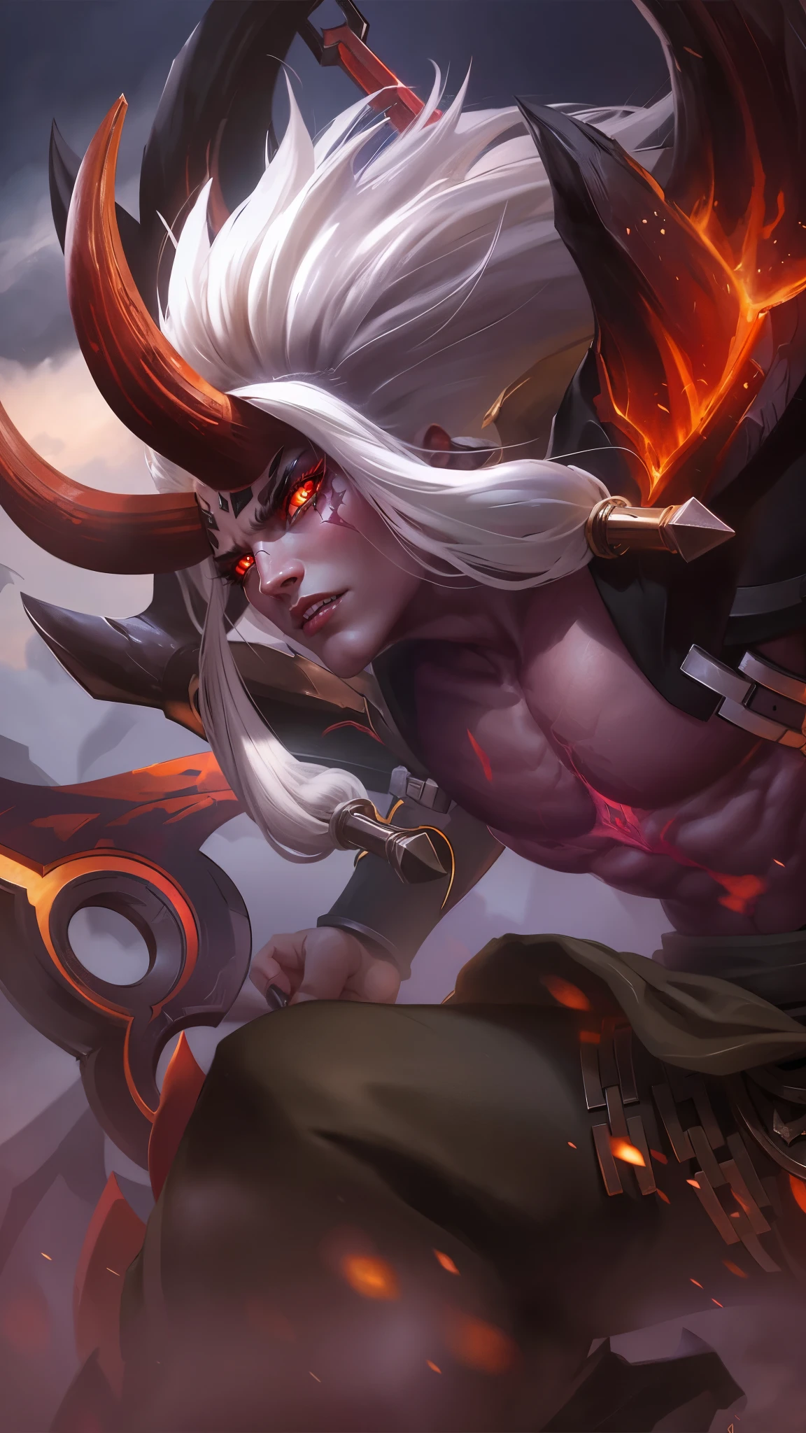 8k quality, a man with a sword in her hand, Masterpiece, ultra HD, detailed all picture, a close up of a devil, dyrroth from mobile legend, evil, extremely detailed artgerm, mobile legends character, inspired by Dyrroth, Six pack chest and abs, black jewel above the chest, light red eyes.