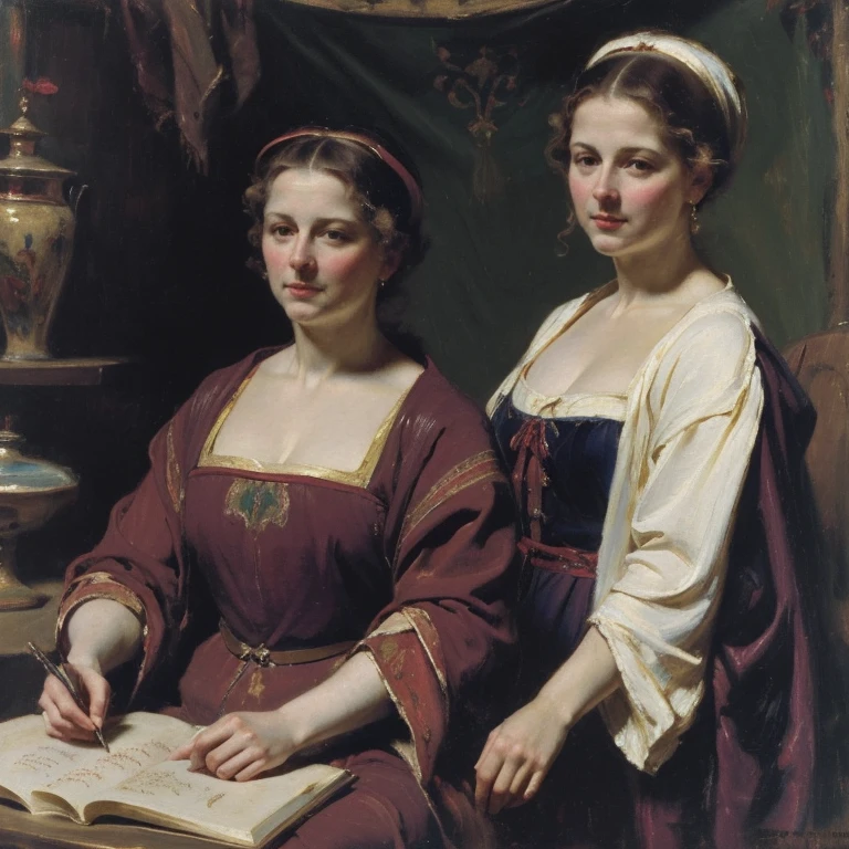 (Masterpiece), (detailed), (high res), (high quality), medieval painting of hippo lady with female clothing