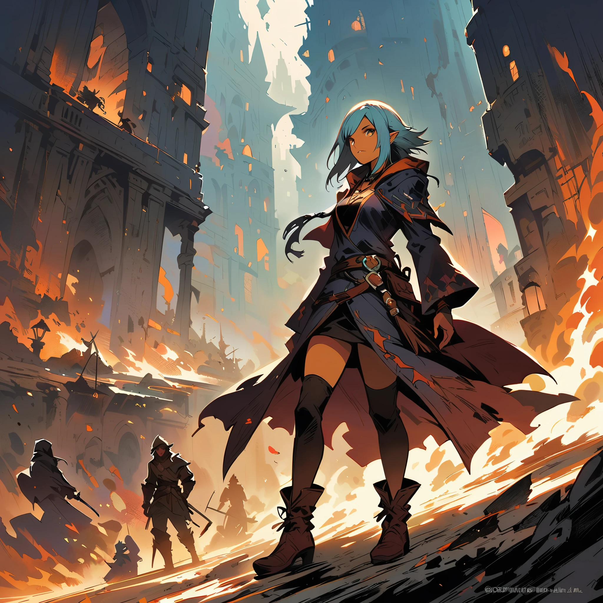 female drow cleric, with a dark fantasy illustration against an underground drow city, in the style of Yoji Shinkawa. Dragon Age concept art.