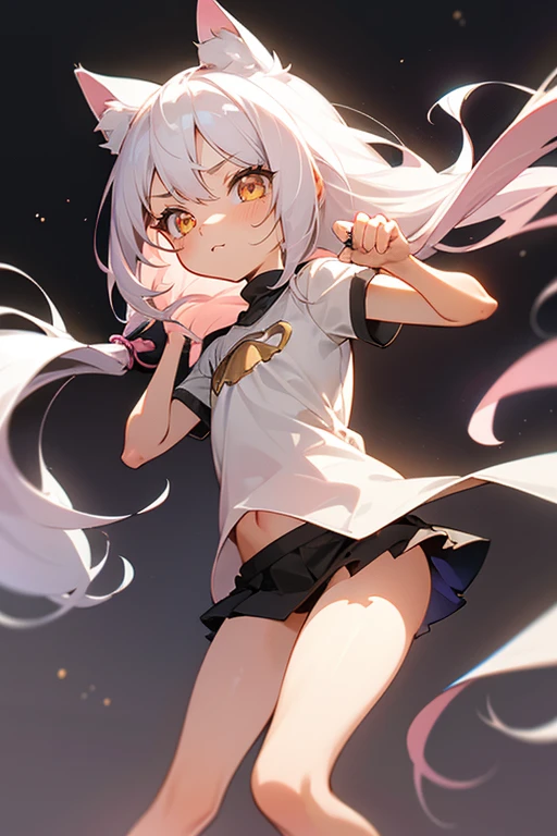 1 Girl, Silver Hair, Golden eyes and pupils, ((Skinny)), ((small)), short, small, ((there is nothing)), (Solid light pink cropped T-shirt), Long hair, short skirt, (((child))), Cat ears, Happy, blush, flat chest, diaphragm, in school, abdomen
