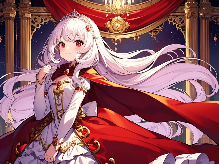 (kawaii),(best quality),(ultra detailed), upper body,(rococo style),(long train red cape:1.15), very long cape,(long train white ball gown with flower decorations), a girl is wearing a cape over her gown, 1 little princess, tiara , smile, very long hair, small breasts