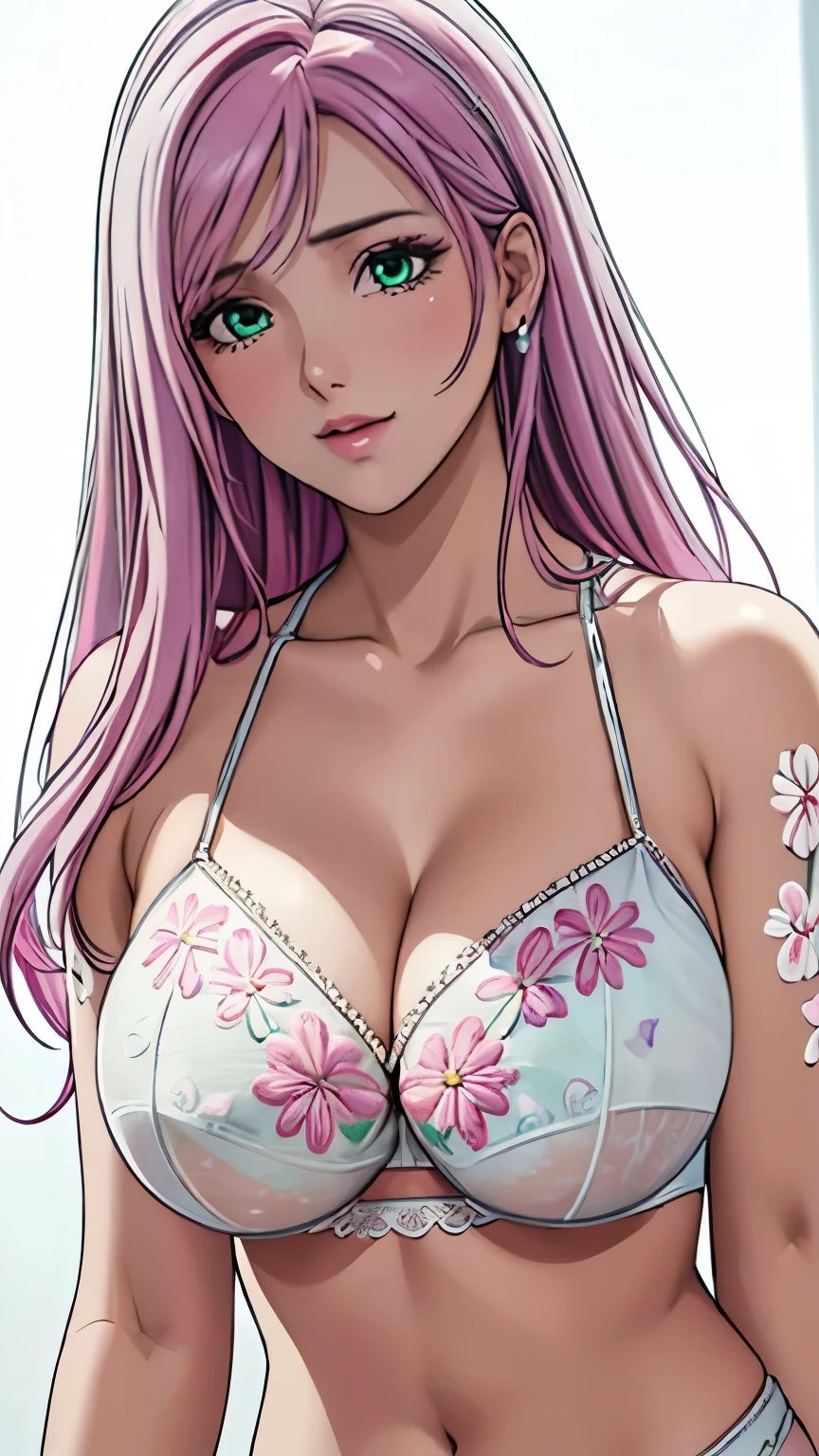 green eyes, (highest quality, masterpiece painting:1.3), immature woman, , (half body shot), masterpiece, ultra high resolution, (Photoreal:1.0), ((light pink hair)),straight hair, beautiful shining hair, white and shining skin, ((Ultra realistic details)), octane rendering, highly detailed face, (big breasts:0.8), (make a heart with hands), ((White bra,White pantieeautiful detail shorts with colorful floral embroidery and luxurious embroidery +:1.5)),Salute,(Flower motif lingerie),(Gorgeous:1.2),(Lace,Detailed:1.3),(See-through:1.6), open neckline, cleavage, perfect body, soft skin, White cherry blossom embroidery pattern, silver earrings, (pure white background:1.4), sharp focus, intricate details, professional artwork, (bright colors:1.1), bright colors, diffused lighting, digital blending, ultra-definition body, ultra detail hair, super detailed face, trending on pixiv, top button open, Cute gaze, compensate, perfect lips, perfect compensate, Ultra-precision coating, (light_smile:0.8),