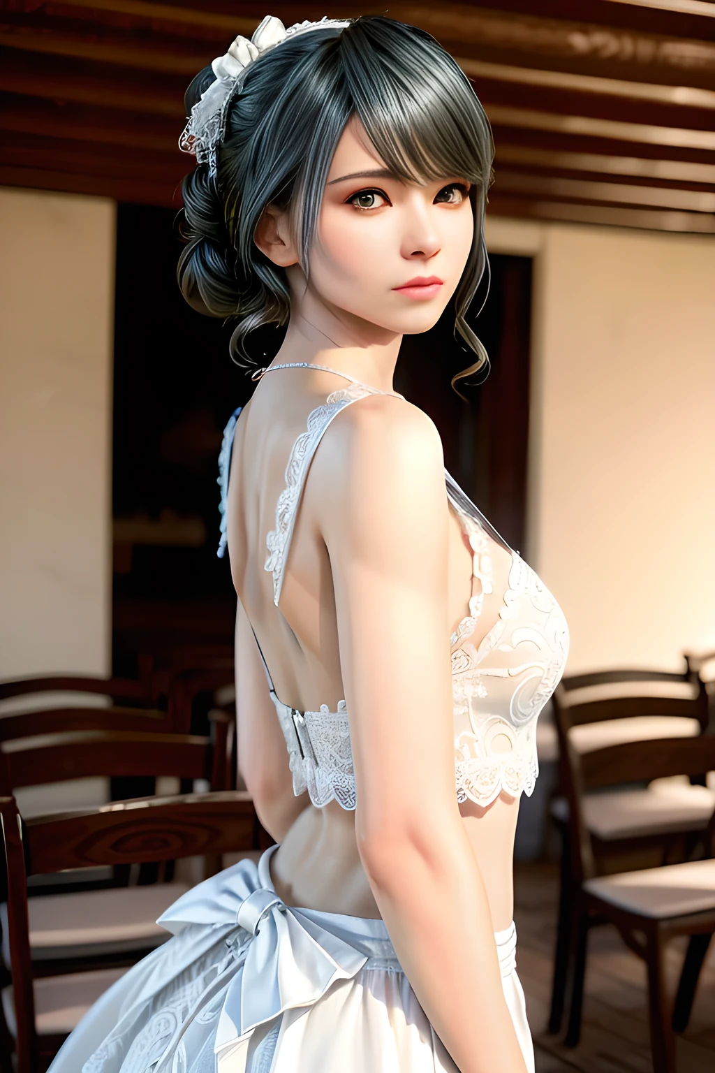 1 girl,in a two-piece wedding dress,beautiful detailed eyes,beautiful detailed lips,extremely detailed eyes and face,long eyelashes, character,two-piece wedding dress,white gown,detailed lace trim,(best quality,4k,8k,highres,masterpiece:1.2),ultra-detailed,(realistic,photorealistic,photo-realistic:1.37),elegant,traditional wedding attire,fancy hairdo,big bow on the back of the dress tamaki