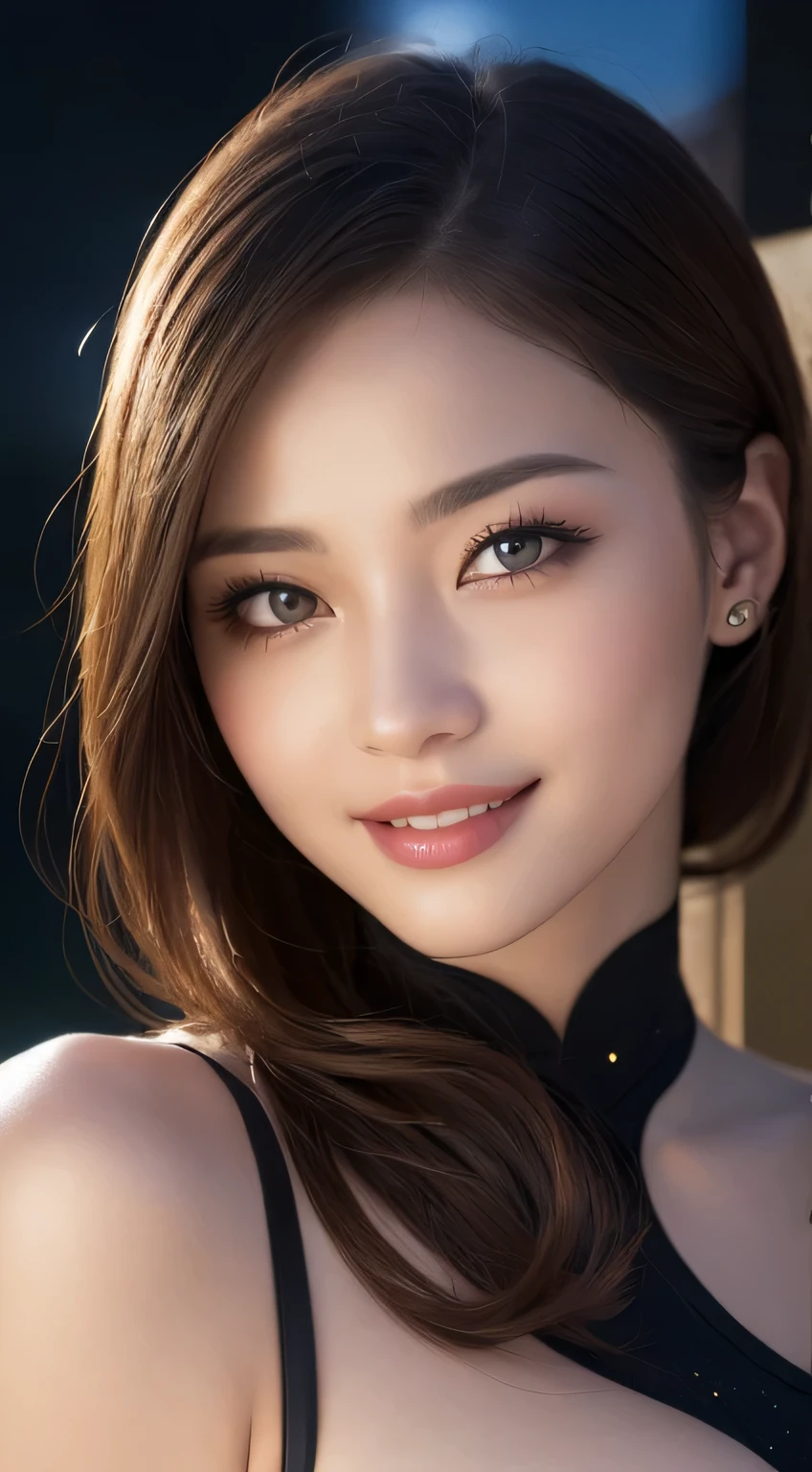 Body portrait, 8K, thin and beautiful eyes, Dindal effect, masterpiece, top quality, high quality, high resolution, very detailed photo, (natural skin texture, fine skin, hyper realism, super sharpness), high detail skin, (very fine, fine skin texture, intricate details, beautiful face, (realistic face), realistic eyes, beautifully detailed eyes, realistic skin, beautiful skin, surreal, very detailed Golden ratio, smiling eyes, ((night moonlight background) )), body portrait, G cup, big breasts, huge breasts, big breasts, glamorous, sexy knit dress,