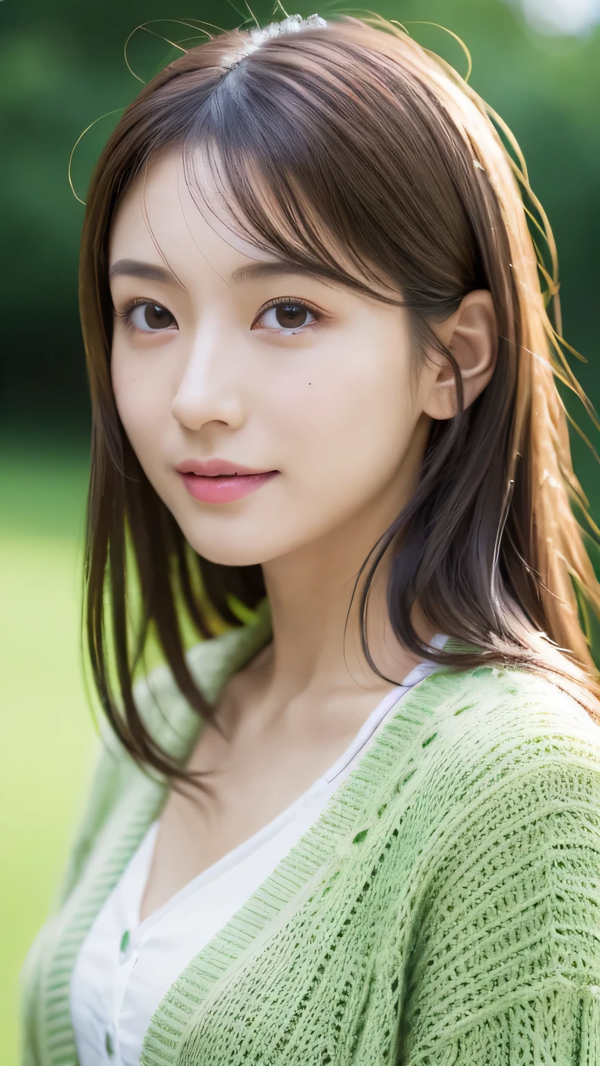 8k, highest quality, masterpiece, Realistic, Photorealistic, Ultra-detailed, Natural light, Highly detailed face and skin, Detailed eyes, Highly detailed face and skinの中間ショット, Beautiful woman staring at camera, Beautiful Face, Realistic Face, Detailed face, Beautiful hairstyle, Realistic eyes, Fine grain, Realistic Skin, Detailed skin, Beautiful Skin, Charm, Ultra-realistic, ((Sexy light green cardigan, kind, Brown Hair, Cute Japanese Girl, whole body,Dimples,))
