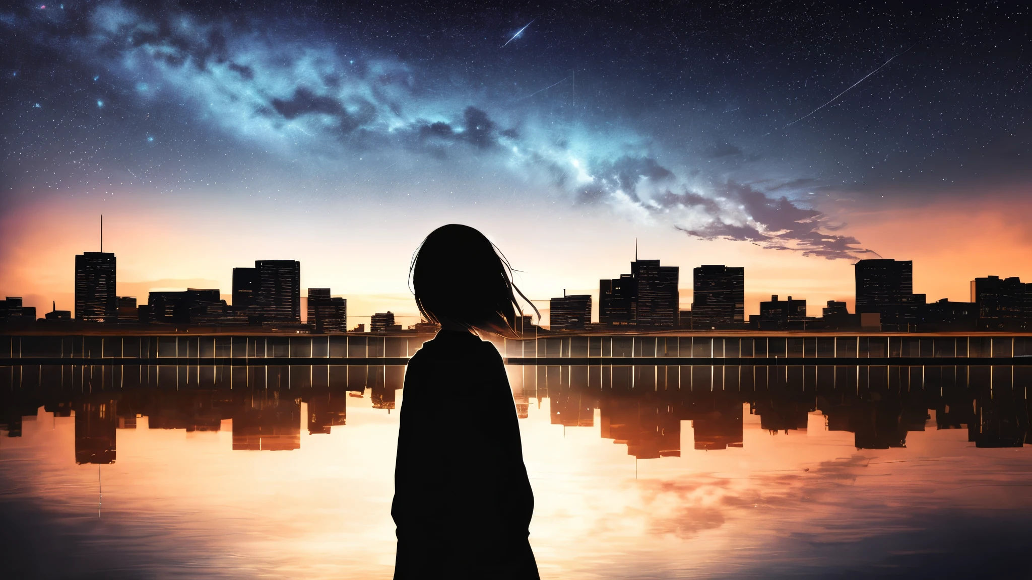 anime,silhouette,1girl, star (sky), cloud, cityscape, building, city, outdoors, skyscraper, city lights, night, night sky, sunset, skyline