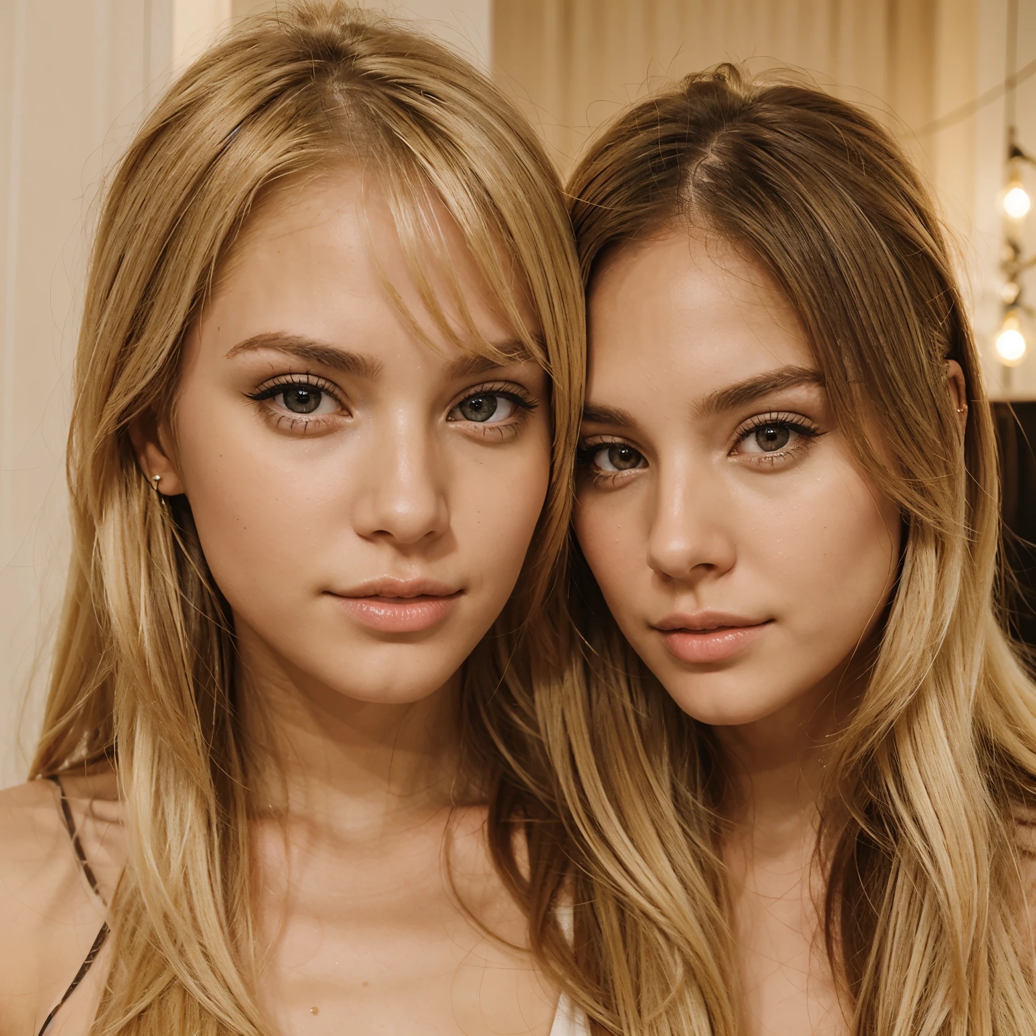 eye contact of 2 sexy women, [[a blonde and a brunette]]