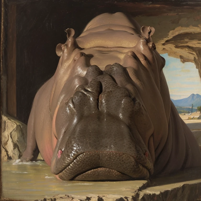 (Masterpiece), (detailed), (high res), (high quality), medieval painting of woman with the head of hippo, (hippo lady)