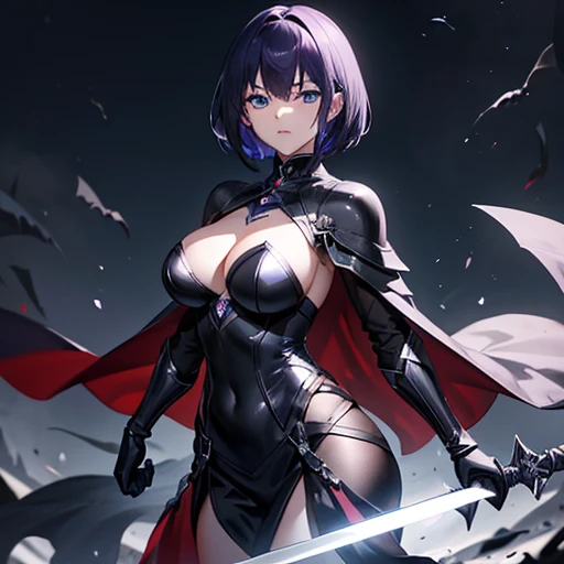 4K、human、dark Knight、female、whole body黒色のdark Knightの衣装、walk、whole body、Black Cape、Sharp Eyes、Short Hair、Light purple hair、bright blue eyes、With a sword、aura、Large Breasts