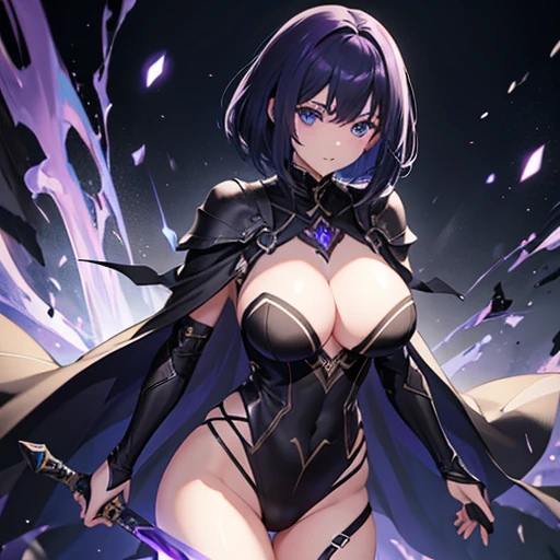 4K、human、dark Knight、female、whole body黒色のdark Knightの衣装、walk、whole body、Black Cape、Sharp Eyes、Short Hair、Light purple hair、bright blue eyes、With a sword、aura、Large Breasts