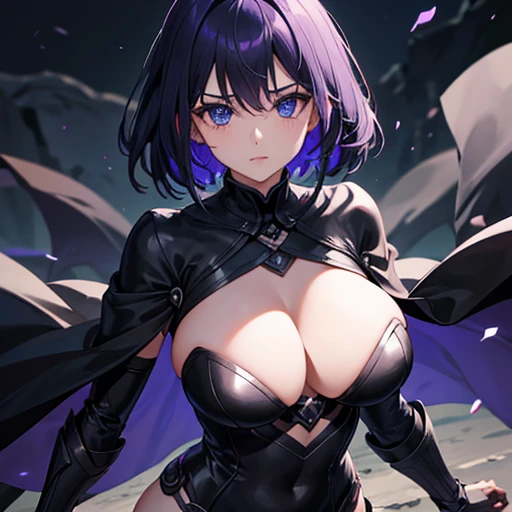 4K、human、dark Knight、female、whole body黒色のdark Knightの衣装、walk、whole body、Black Cape、Sharp Eyes、Short Hair、Light purple hair、bright blue eyes、With a sword、aura、Large Breasts