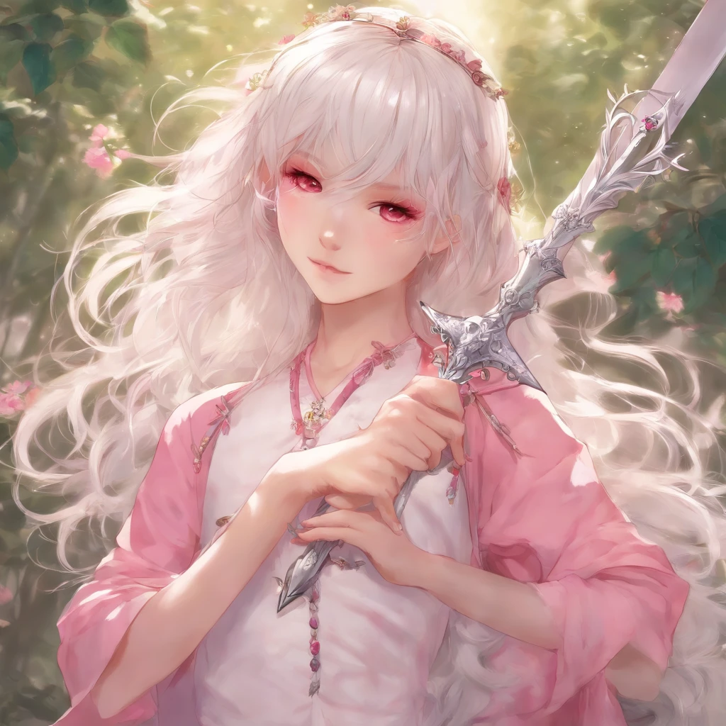 5′ 11″ height, girl with glasses and a white hair, pink eyes, who wears pink and holds an sword in the shape of a crucifix, just her head and shoulders, with color palette, a spike headband, watercolor anime