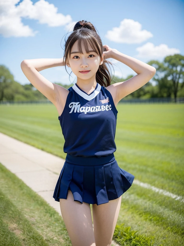 (masterpiece, highest quality:1.4), Award-winning portraits, 8k, 85mm, alone, Beautiful Face, Delicate girl,  (Cheerleader、On the grass), Sophisticated, cute, 15 years old, RAW Photos, Confused, High resolution, Sharp focus, Background blur、(((Flat  、thin and delicate body、Childish atmosphere)))、shiny semi-long hair、ponytail、Mole on the left cheek、 Dark blue eyes、High Kick、the skirt is swaying in the wind、Hair swaying in the wind、sexy、Flexible legs