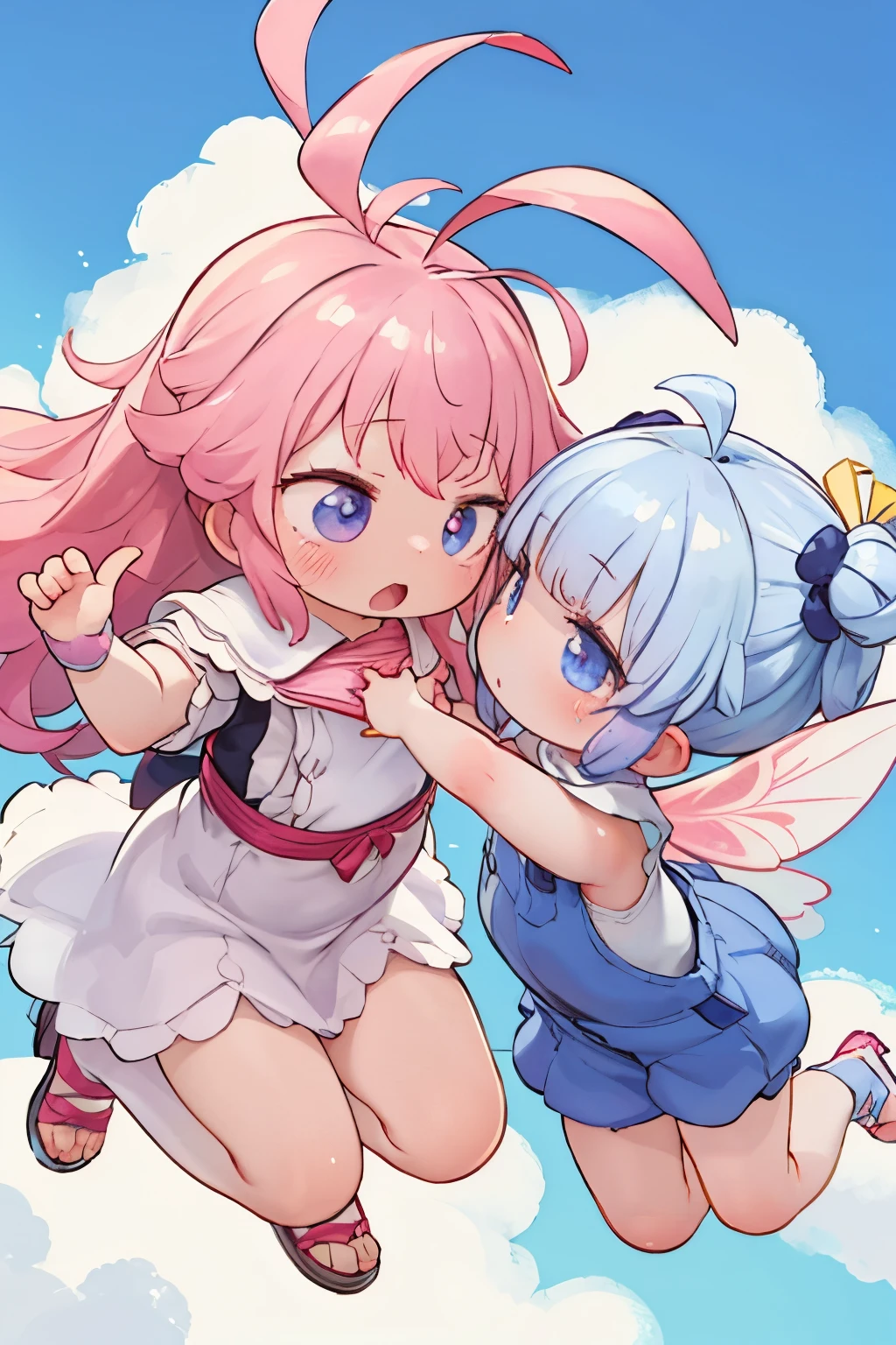 best quality, masterpiece, two fairy girls flying in the sky, tactile sensation, ahoge, cute background