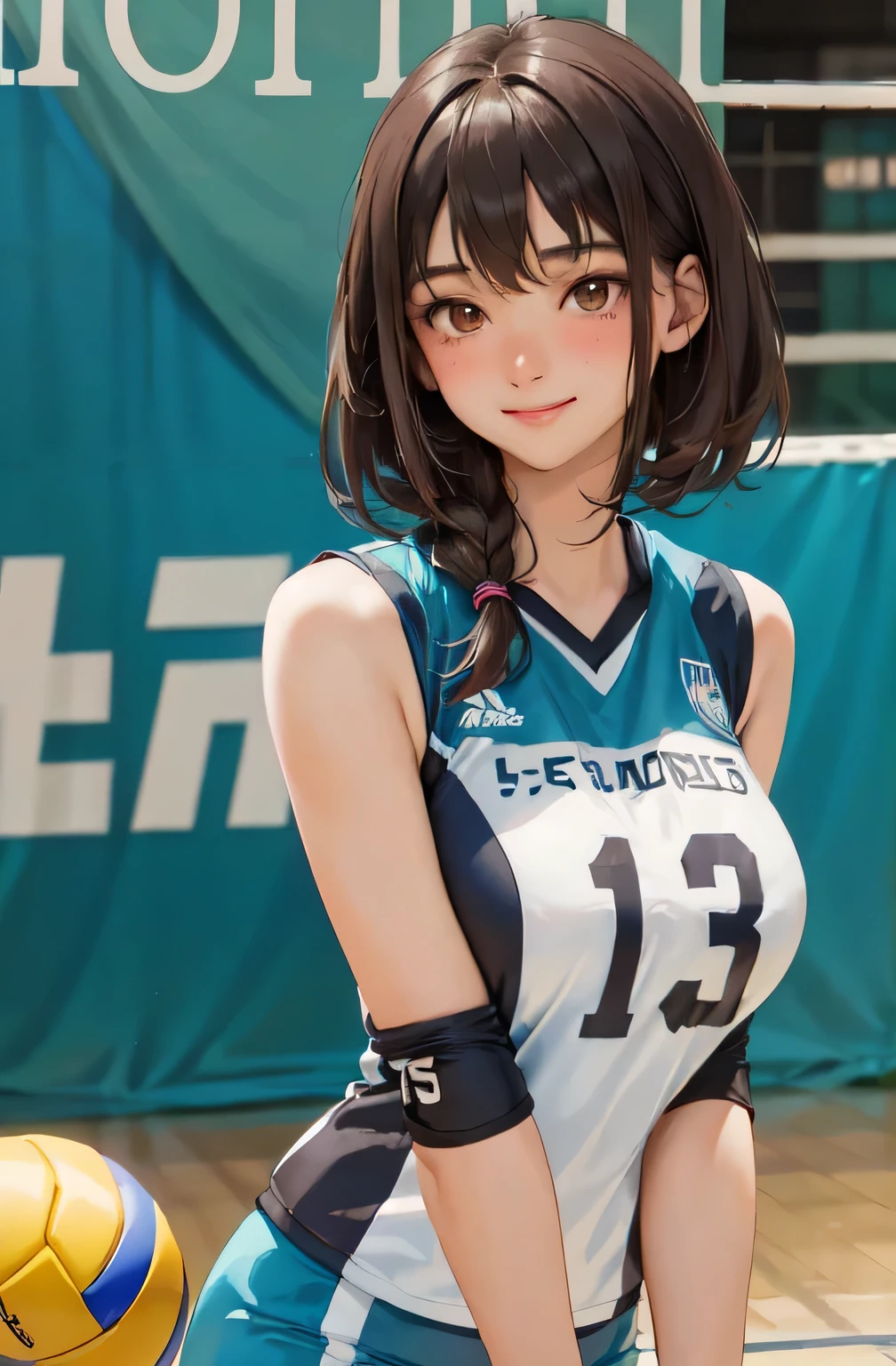 Only one female, /(Volleyball Uniforms/), /(Dark brown hair/) bangs, Blushing Smile, (Masterpiece of the highest quality:1.2) Delicate illustrations, super detailed, Big Break /(Indoor volleyball court/)