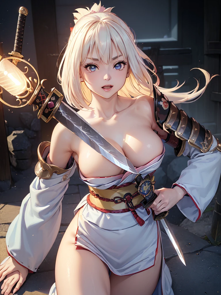 Very detailed CG Unity 8K wallpaper, Cute One lady, Mature Hair、lady ,beautiful lady, pale skin (Super masterpiece, Beautiful person, well detailed face polluted smile, Photorealistic, hyper realisitic),
(Japan Samurai full Armor:1.5)、(samurai:1.5)、(Japan Pulling the sword out of its sheath:1.2)、(Holding the handle of a Japanese sword:1.6)
Japanese castle background、Portrait、Daytime、(The bright light from the front of her:1.7)、
(large breast :1.30)、(Glowing Skin:1.3)、
Detailed eyes、Big eyes、Open your mouth a little、Hide your arms、Very cute face、
Blonde、Long Hair、(Light blue glowing eyes:1.4)、Pink Lips、
((Off the shoulder、Shoulder Bare))、chest