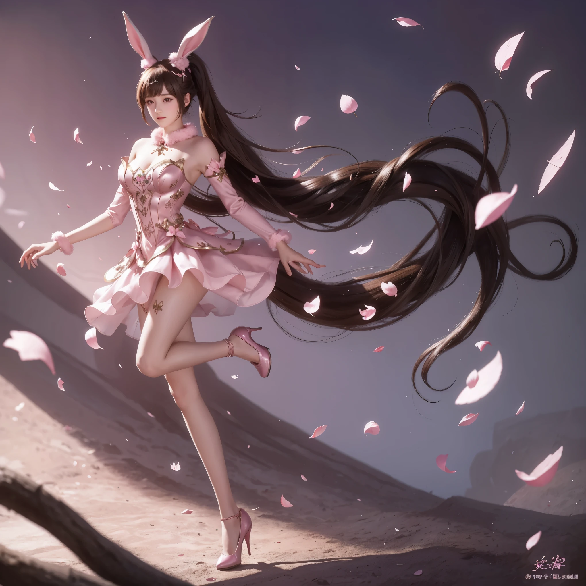 full body,1girl, solo, animal ears, rabbit ears, ponytail, petals, dress, falling petals, brown hair, pink dress, long hair, high heels, very long hair, metal collar, collar, breasts, bare shoulders, medium breasts, pantyhose, closed mouth, hair ornament, looking to the side