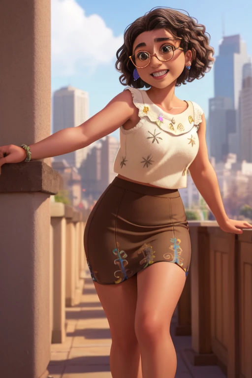 mirabel madrigal,  glasses, smile, ((sleeveless sweater)), market background, (((pencil skirt))), (((brown skin))), detailed skin, perfect legs, perfect thighs, 