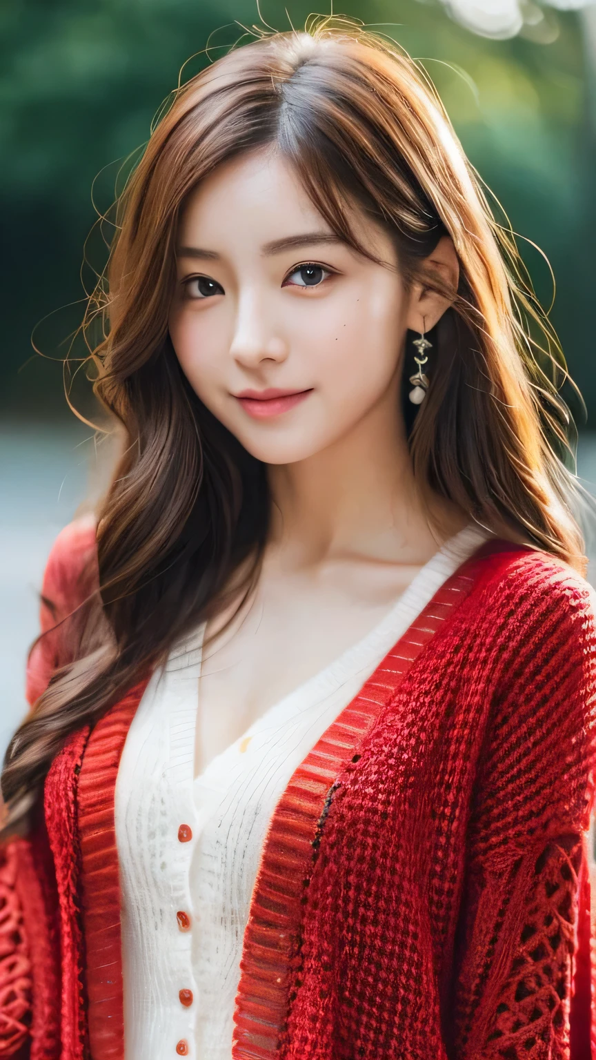 8k, highest quality, masterpiece, Realistic, Photorealistic, Ultra-detailed, Natural light, Highly detailed face and skin, Detailed eyes, Highly detailed face and skinの中間ショット, Beautiful woman staring at camera, Beautiful Face, Realistic Face, Detailed face, Beautiful hairstyle, Realistic eyes, Fine grain, Realistic Skin, Detailed skin, Beautiful Skin, Charm, Ultra-realistic, ((Sexy crimson cardigan, kind, Brown Hair, Cute Japanese Girl, whole body,Dimples,))